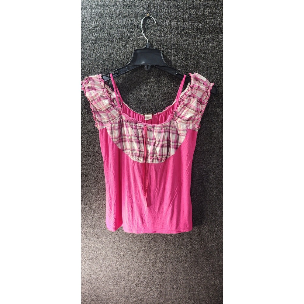 Janette Plus Pink Plaid Ruffle Short Sleeve Blouse Top Womens 1XL